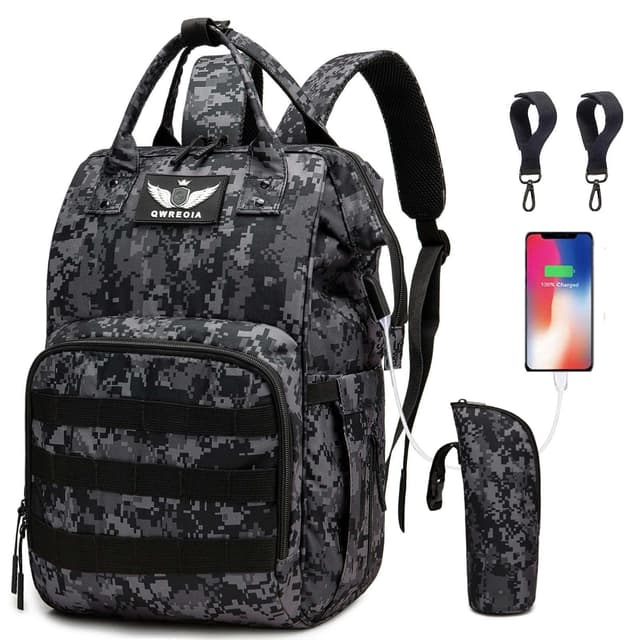 QWREOIA Diaper Bag Backpack with USB Charging Port Stroller Straps and Insulated Pocket,army military Travel Nappy Backpack for Dad/Mom (Black Camo)