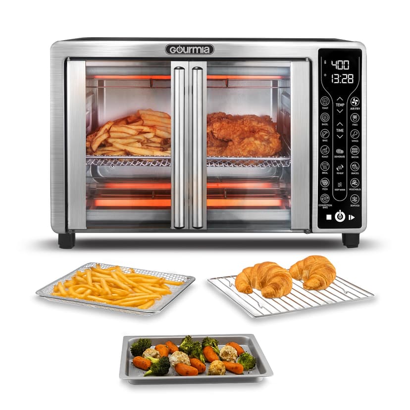 Gourmia French Door Air Fryer – 25 Qt Large Capacity Convection Oven, Fryfroce 360°, Digital Display with 17 Cooking Presets, Bake, Toast, Roast, Dehydrate, Fits 12” Pizza