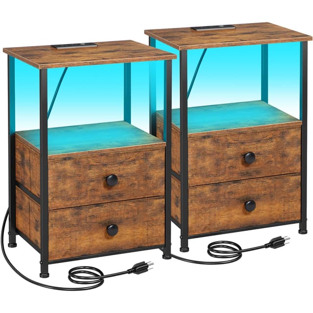 LOAKEKEL Night Stand Set 2, LED Nightstand with Charging Station, End Tables with Storage Shelf for Small Space, Bedside Table with 2 Fabric Drawers for Bedroom, Brown HETS02PQBR