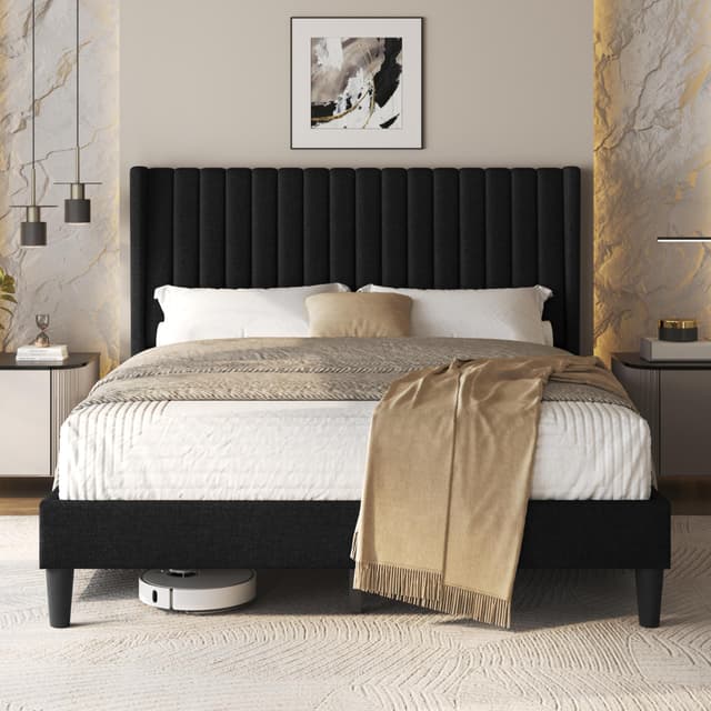 Yaheetech Queen Bed Frame Upholstered Platform Bed with Fabric Headboard, Wing Edge Design/Non-Slip and Noise-Free/Wooden Slats Support/No Box Spring Needed/Easy Assembly, Black Queen Bed