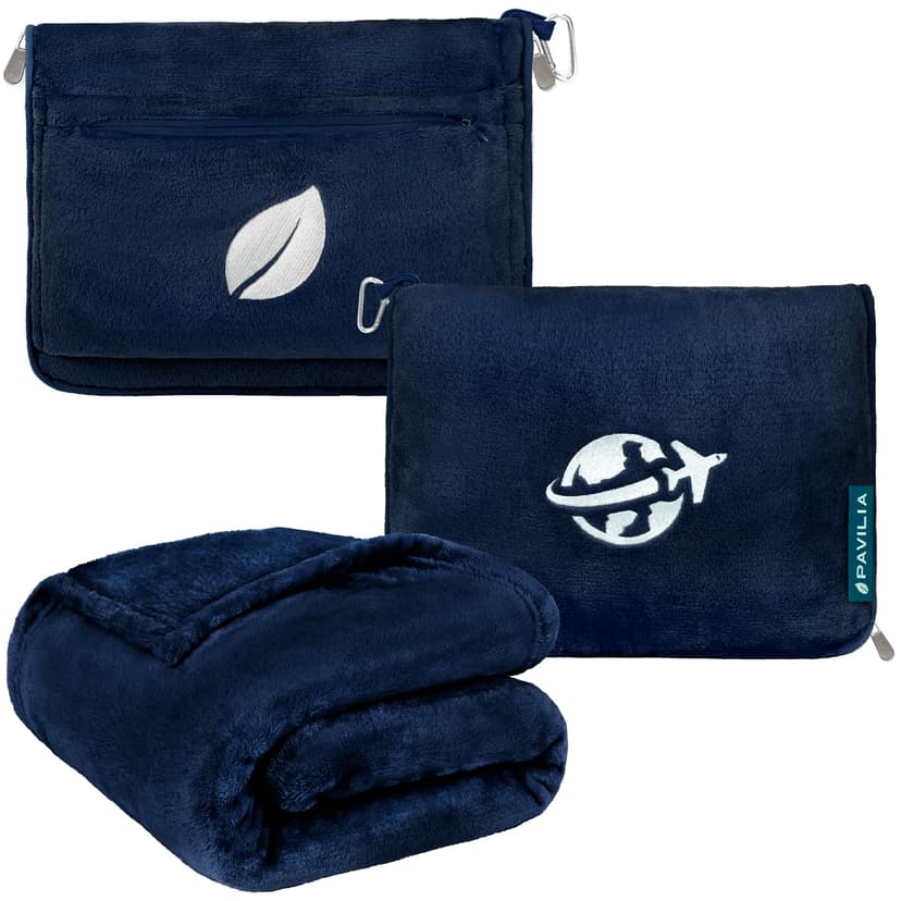 PAVILIA Travel Blanket and Pillow, Arms Opening Airplane Blankets for Adults, Compact Plane Blanket with Arm Hole 2-in-1 Bag for Flight Car Camping Fit in Luggage Backpack Traveler Gift, Navy Blue