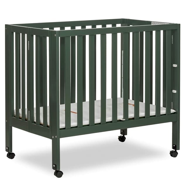 Dream On Me Jett Mini Folding Baby Crib in Olive, GreenGuard Gold & BSA, Lightweight & Portable, Patented Flat Folding System for Small Spaces & Travel, 1.5” Mattress Pad, 3 Heights, Safe Wheels