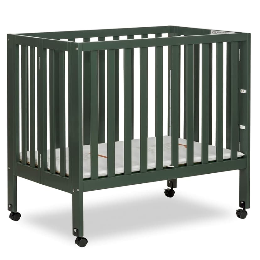 Dream On Me Jett Mini Folding Baby Crib in Olive, GreenGuard Gold & BSA, Lightweight & Portable, Patented Flat Folding System for Small Spaces & Travel, 1.5” Mattress Pad, 3 Heights, Safe Wheels