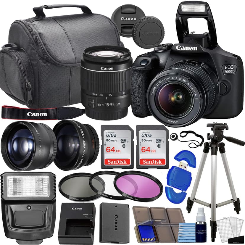 Canon EOS 2000D / Rebel T7 DSLR Camera w/EF-S 18-55mm f/3.5-5.6 Lens 3 Lens Kit: 128GB Memory + Wide Angle + Telephoto + Flash (Renewed)