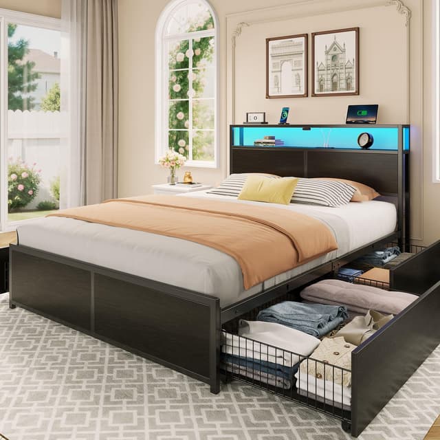 Rolanstar Full Size Bed Frame with 4 Storage Drawers & 2-Tier Storage Headboard, Metal Platform Bed Frame with Charging Station & LED Lights, Noise-Free, No Box Spring Needed, Easy Assembly, Black Oak