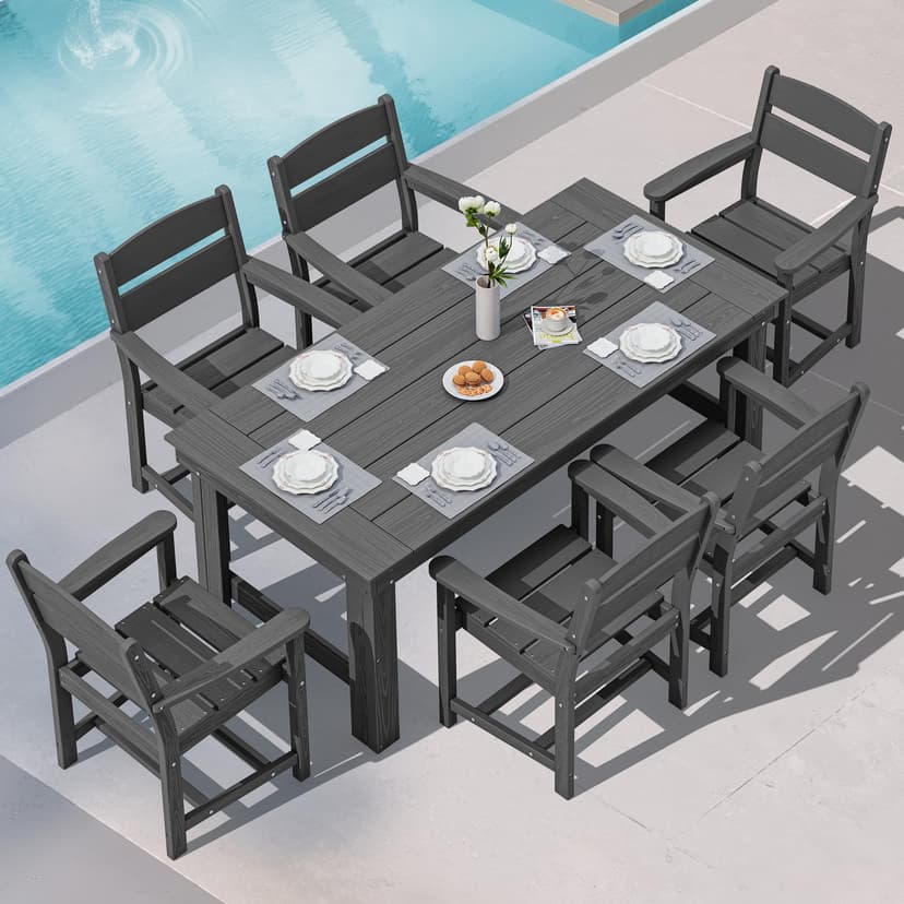 SERWALL Outdoor Dining Table Set, 67‘’ HDPE Patio Dining Set for 6, Outdoor Table and Chairs Set with 1.6-inch Umbrella Hole for Deck, Grey