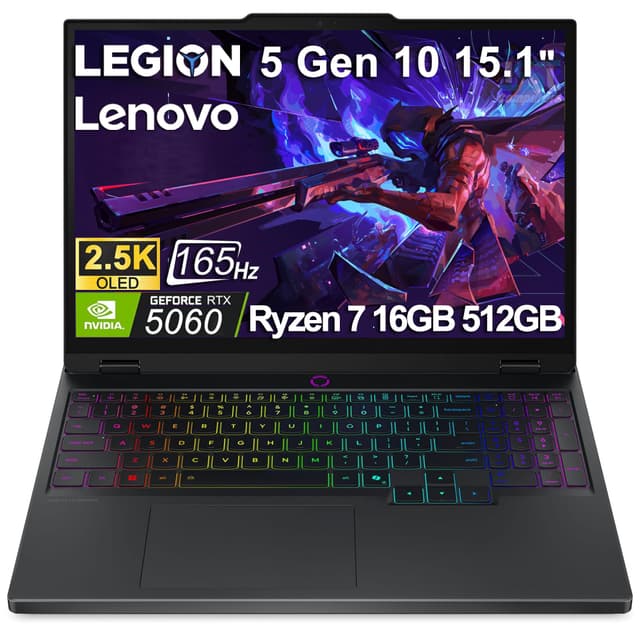 Lenovo Legion 5 Gaming Laptop (15.1" 2.5K OLED G-SYNC 165Hz, NVIDIA RTX 5060 8GB, AMD Ryzen 7 260 (> i7-1355U), 16GB DDR5, 512GB SSD), 24-Zone RGB Backlit, Wi-Fi 7, 5MP Webcam, RJ45, Win 11 Home