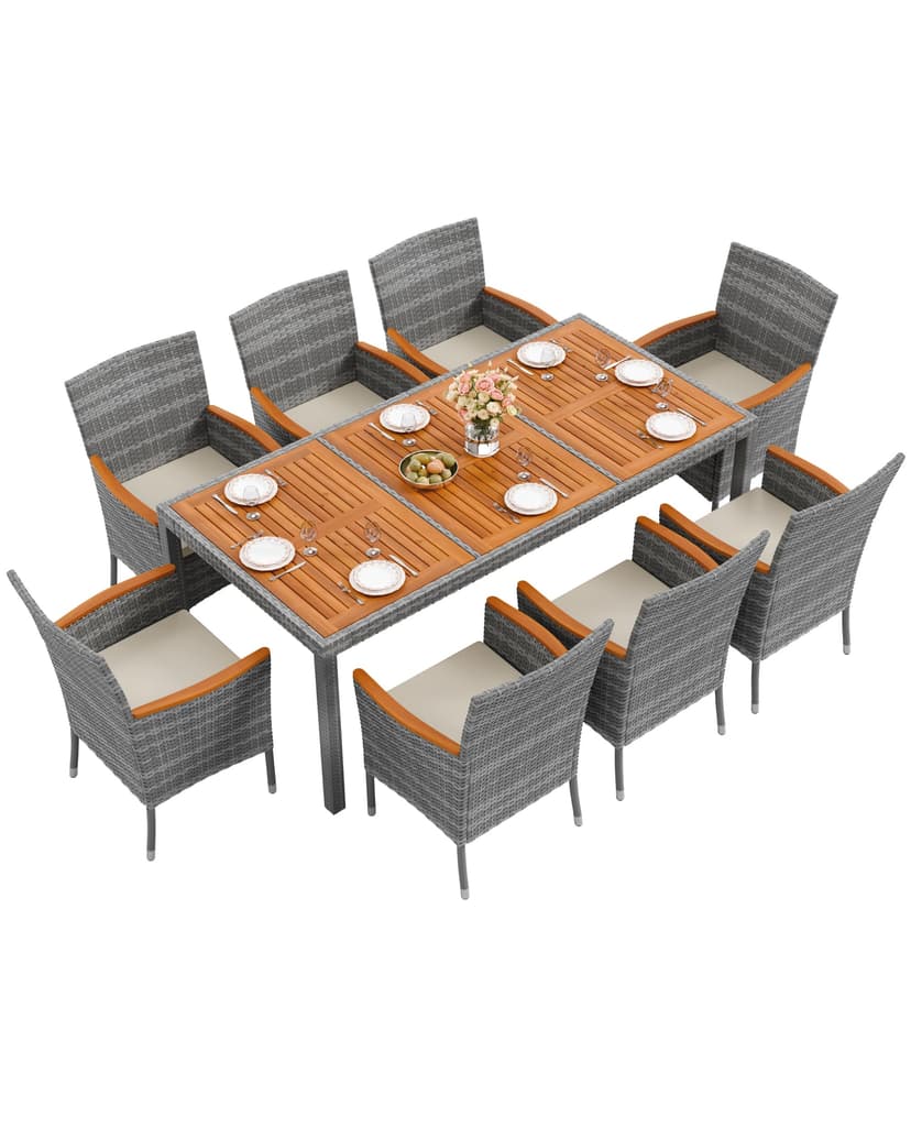 Flamaker 9 Piece Patio Dining Set Outdoor Acacia Wood Table and Chairs with Soft Cushions Wicker Patio Furniture for Deck, Backyard, Garden (Grey)