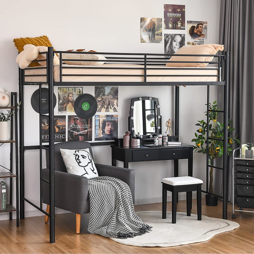 Giantex Metal Loft Bed Twin Size, Heavy Duty Loft Bed Frame with 2 Ladders, Twin Over Loft Bunk Bed with Full-Length Guard, Space-Saving Bed Frame for Kids Teens Adults, No Box Spring Needed (Black)