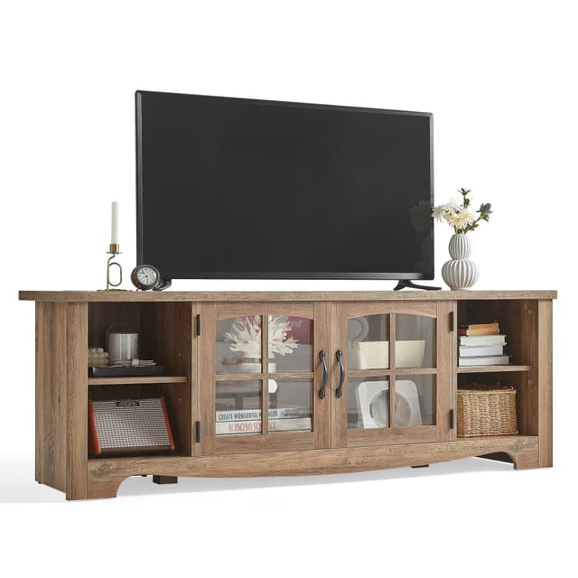 LINSY HOME TV Stand for 75 Inch TV, Modern Farmhouse Entertainment Center with Storage Cabinets and Glass Doors, Tall Media Console Table for Living Room, Bedroom, Large Long Television Stand, Brown