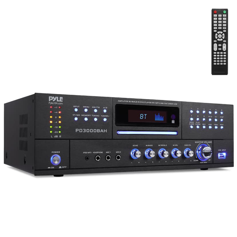 Pyle 3000W 4-Channel Wireless Bluetooth Amplifier - Stereo Home Audio Receiver with Front CD/DVD Player, FM Radio, Hi Def Input,Aux,RCA,USB,2 Mic Inputs w/Echo, Subwoofer Out - Rack Mount
