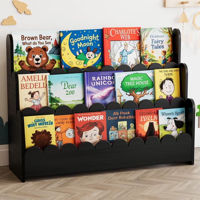 SpaceAid 3-Tier Scalloped Bookshelf, Montessori Bookcase for Toddlers, Wooden Book Shelf Organizer Display Furniture for Kids Rooms, Playroom, Nursery and Classroom, 36.7“ Wide, Black