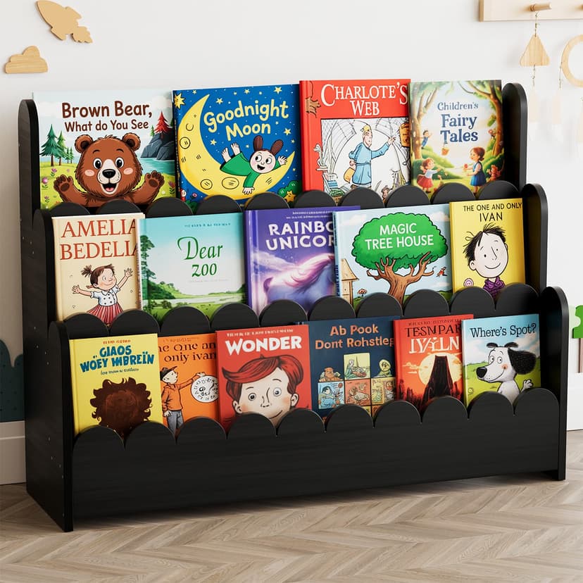 SpaceAid 3-Tier Scalloped Bookshelf, Montessori Bookcase for Toddlers, Wooden Book Shelf Organizer Display Furniture for Kids Rooms, Playroom, Nursery and Classroom, 36.7“ Wide, Black