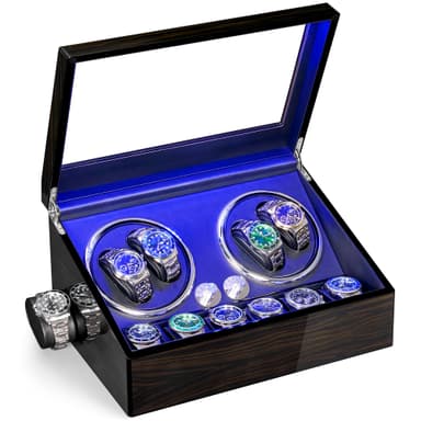 ANWBROAD Watch Winder for Automatic Watches 4 Watch Rotator and 6 Extra Storages with Super Quiet Motor LED Backlight Piano Paint Watch Shaker 4 Rotating Modes USB UJWW002E