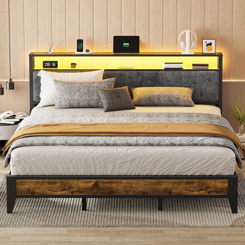 OLEVS King Bed Frame with Headboard, Metal Platform Bed King Size with 2-Tier Storage, LED Light & Charging Station Type C, No Box Spring Needed, Easy Assembly