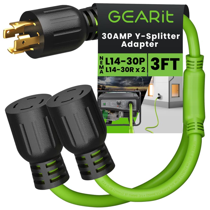 GEARit 30-Amp Generator Splitter Y Adapter Cord - NEMA L14-30P to (2) L14-30R, 4-Prong 120/250-Volt 7500W, 10 Gauge SJTW Locking Power Cord for Manual Transfer Switch, Portable Generators, Outages 3ft