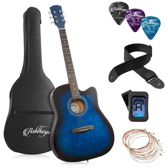 Ashthorpe 41-inch Beginner Cutaway Acoustic Guitar Package (Blue), Full Size Basic Starter Kit w/Gig Bag, Strings, Strap, Tuner, Picks