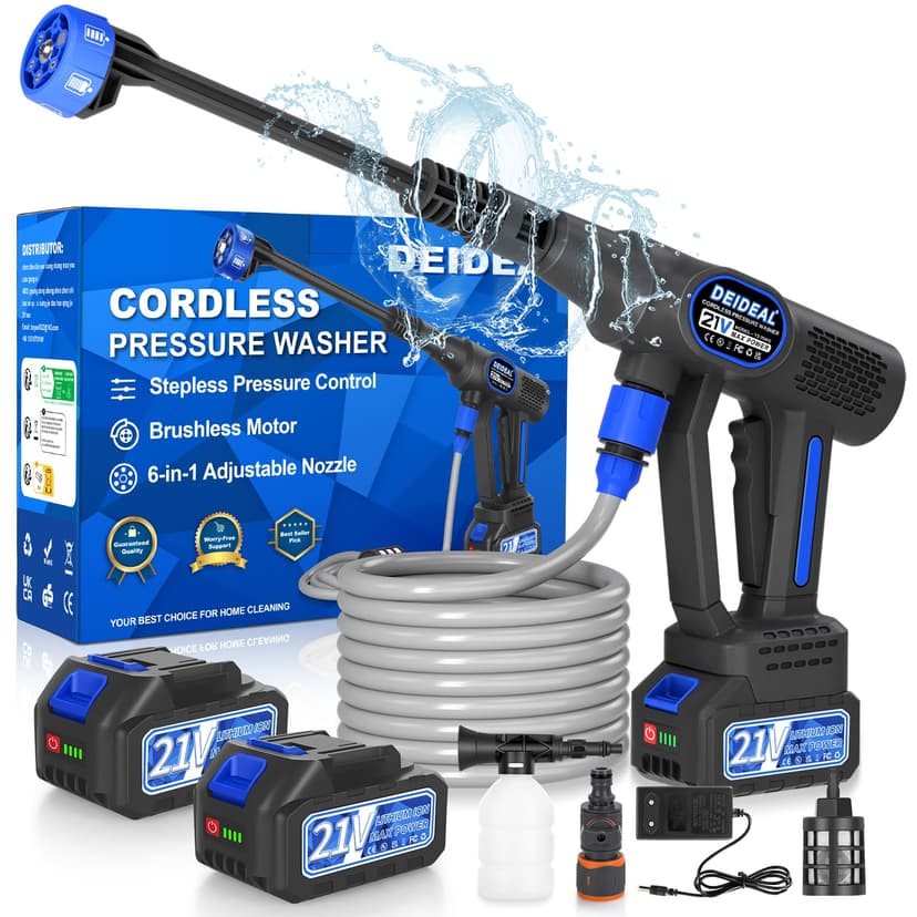 Cordless Pressure Washer, 1280 PSI Portable Power Washer with Trigger-Controlled Variable Pressure, Cordless Power Washer with 2 x 4.0Ah Batteries & 6-in-1 Nozzle for Car and Garden Cleaning