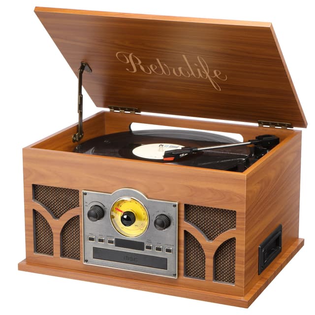 10-in-1 Record Player with Built-in Speakers Wireless Playback, CD & Cassette Player, USB Player, AM/FM Radio, 3 Speeds Turntable Vinyl Record Player Mahogany