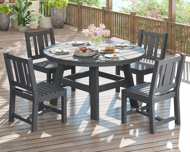 AMERLIFE 5 Piece HDPE Outdoor Dining Table & Chairs Set, All-Weather Patio Table and Chairs Set Furniture with Umbrella Hole for Garden, Backyard, Poolside, Seaside, Gray