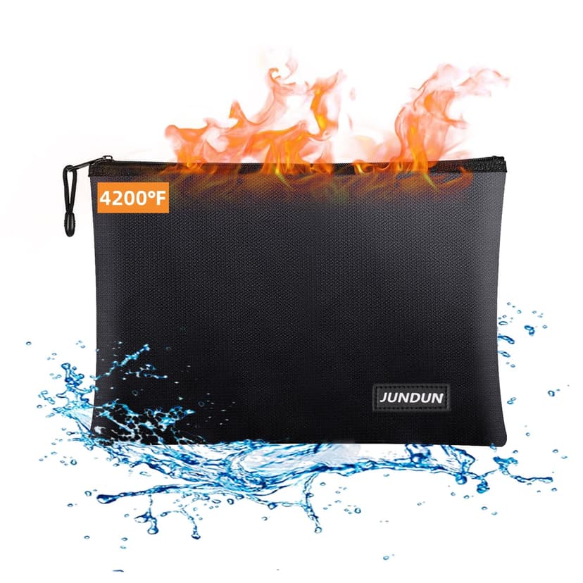 JUNDUN Fireproof Document Bags,14.2”x 10.0”Waterproof and Fireproof Money Bag with Aluminum Foil Lining,Fireproof Safe Storage Pouch with Zipper for Document and Cash，Black