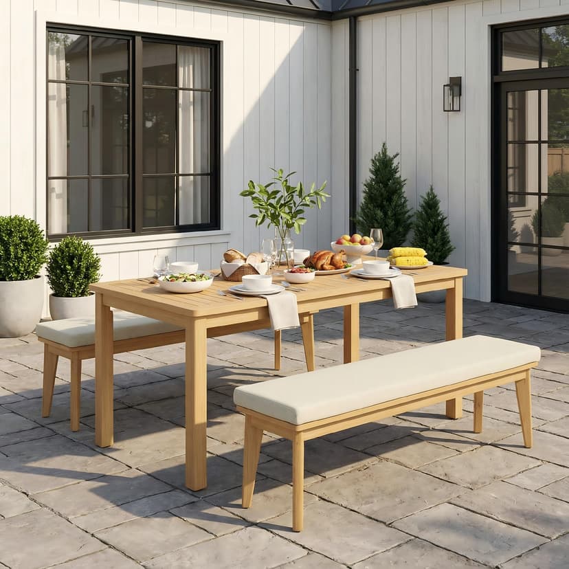 Wisteria Lane 3 Pieces Acacia Patio Dining Set for 4, Patio Dining Table and Chairs Set with Cushion, Modern Outdoor Dining Furniture Set for Lawn Backyard Garden Deck, Beige