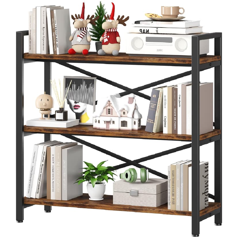 3 Tier Bookshelf 31.49" Width, Wood and Metal Etagere Bookcase, Vintage Farmhouse Modern Wooden Big Book Shelf for Home Living Room Bedroom Office Storage(Rustic Brown)