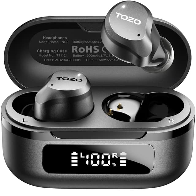 TOZO NC9 Hybrid Active Noise Cancelling Wireless Earbuds, 6 Mics ENC Clear Call, IPX8 Waterproof, in Ear Bluetooth 5.3 Headphones Stereo Bass Ear Buds 60H Playtime with LED Display 32 EQs via APP