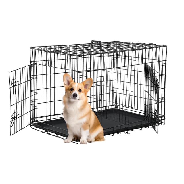 FDW 30 inch Dog Crate Dog Kennel Cage with Double Door Folding Metal Wire Dog Cage with Removable Tray&Divider Panel,Pet Crate for Medium Dogs,Black