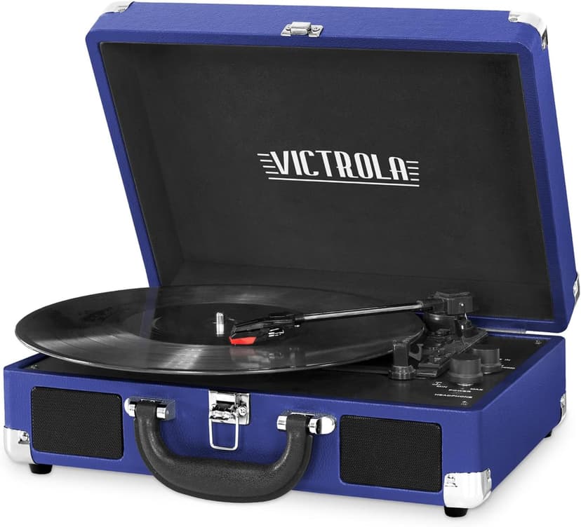 Victrola Journey Bluetooth Portable Suitcase Record Player – with Built-in Speakers, 3 Speed Vinyl Record Player, RCA Out, Headphone Jack (Cobalt Blue)