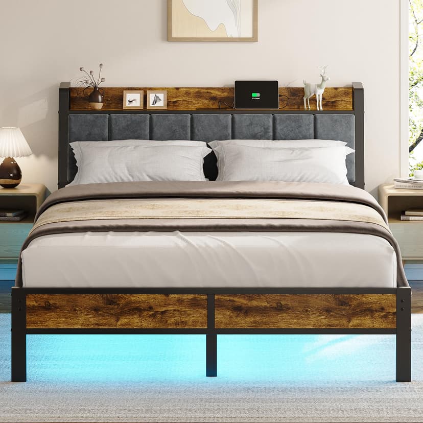 Queen Size Bed Frame with Wood Headboard, Metal Platform Bed with USB Charging Station and Smart LED Lights, No Box Spring Needed, Easy Assembly