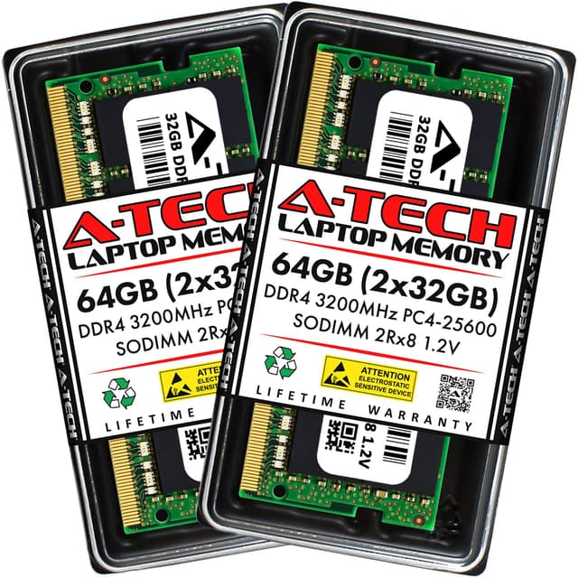 A-Tech 64GB (2x32GB) DDR4 3200 MHz SODIMM PC4-25600 (PC4-3200AA) CL22 2Rx8 Non-ECC Laptop RAM Memory Modules