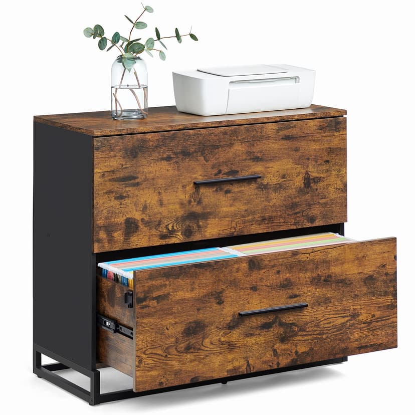 VASAGLE Lateral File Cabinet, Home Office Printer Stand, 2-Drawer Filing Cabinet, with Anti-tip Interlocking Mechanism, for A4, Letter-Size, Legal-Size Hanging Files, Rustic Brown and Ink Black