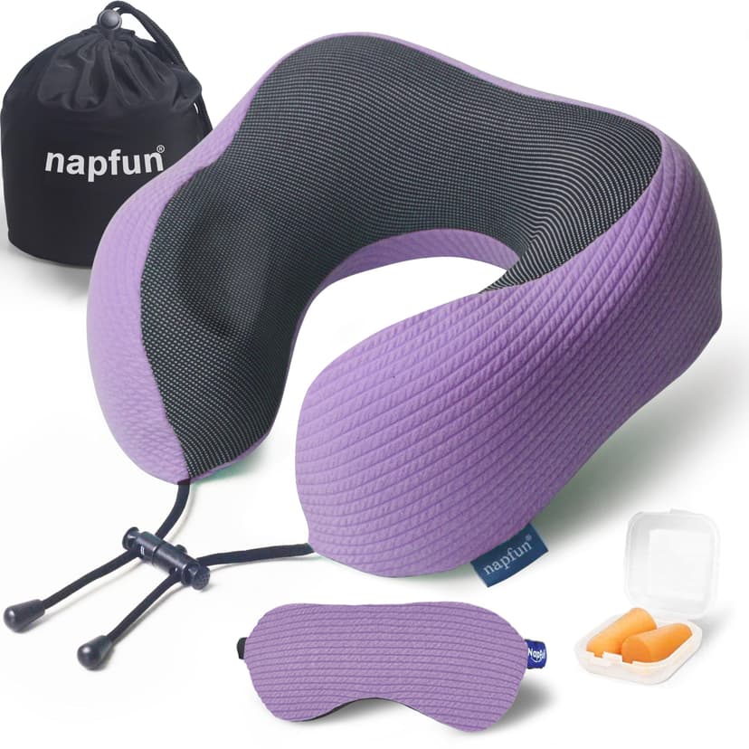 napfun Neck Pillow for Traveling, Upgraded Travel Neck Pillow for Airplane 100% Pure Memory Foam Travel Pillow for Flight Headrest Sleep, Portable Plane Accessories, Light Purple Striped Kit