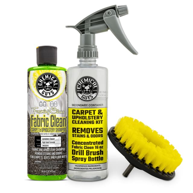 Chemical Guys Foaming Citrus Fabric Clean Drill Brush Kit - High Foaming Stain and Odor Remover, Upholstery, Floor Mat & Car Carpet Cleaner, Deep Cleans & Deodorizes, Citrus Scent - 16 fl oz