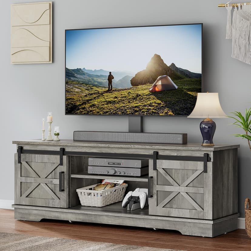 YITAHOME Farmhouse TV Stand for Living Room with Mount, Entertainment Center with 3 Height Adjustment for 32-70 inch TVs, Media Console Cabinet with Sliding Barn Door, Grey