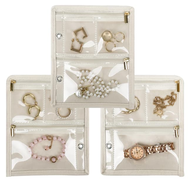 LingLingo Travel Jewelry Organizer Case, Jewelry Bags Jewelry Storage Book Binder with Clear Zipper Velvet Pouch for Traveling,Earrings, Rings, Necklace, Bracelet (Inner Pages,Beige,3 PCS)