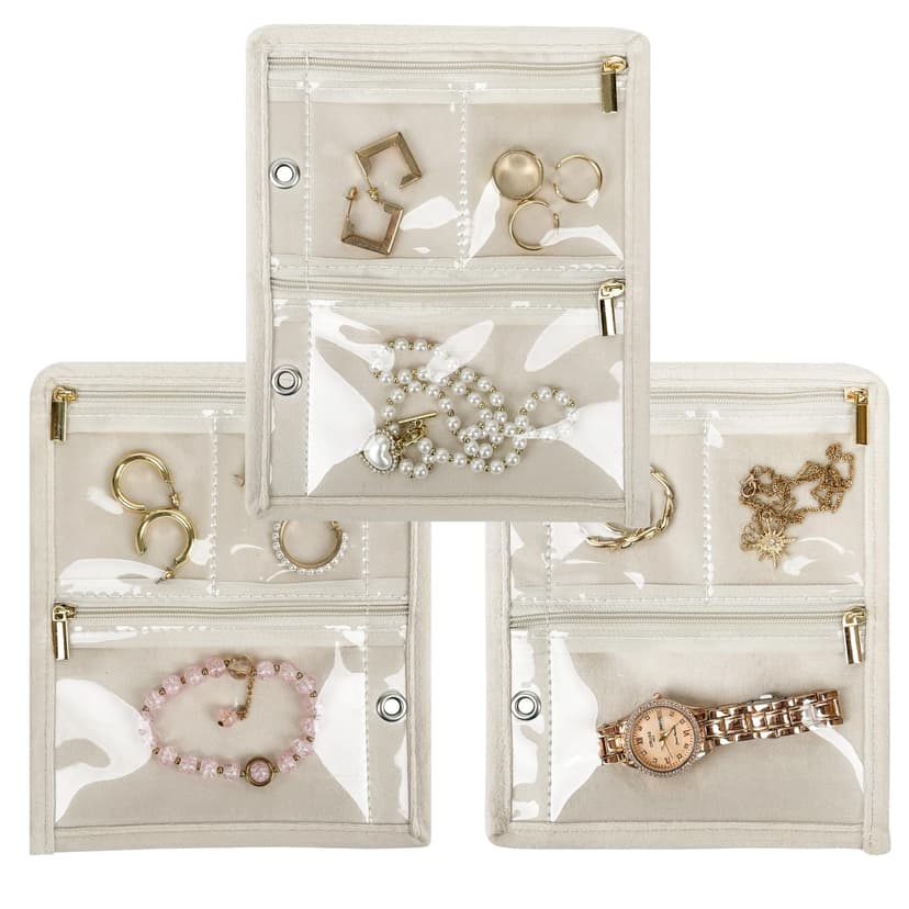 LingLingo Travel Jewelry Organizer Case, Jewelry Bags Jewelry Storage Book Binder with Clear Zipper Velvet Pouch for Traveling,Earrings, Rings, Necklace, Bracelet (Inner Pages,Beige,3 PCS)