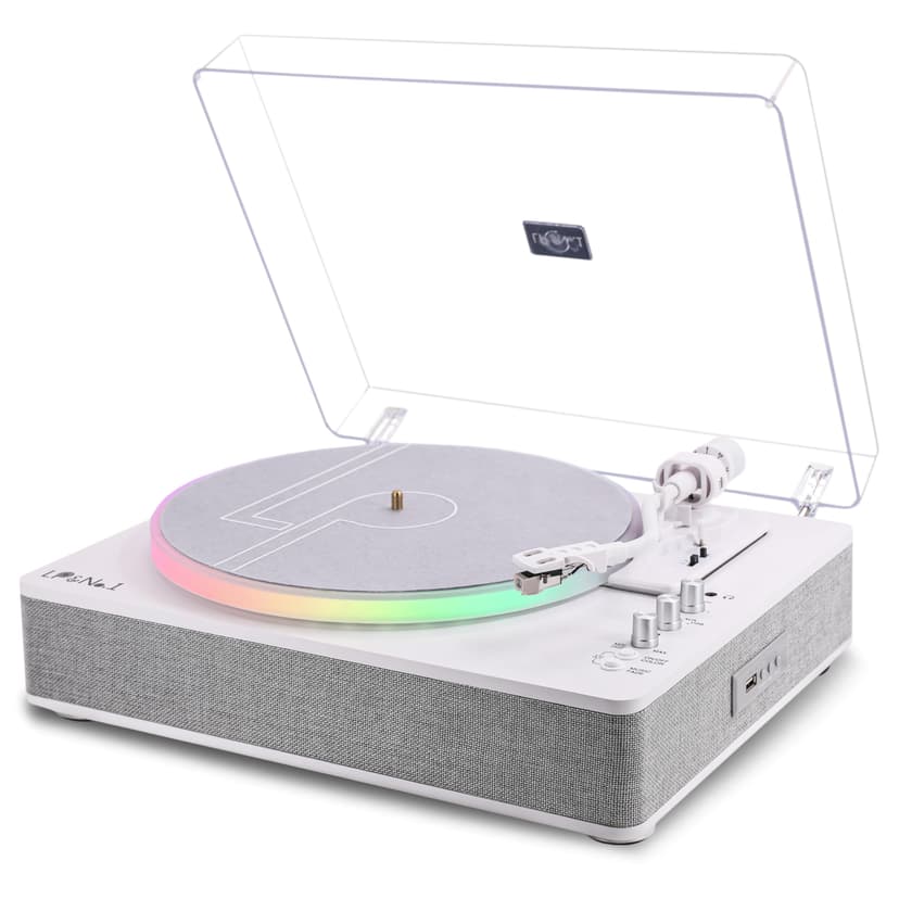 LP&No.1 Record Player with Built-in Stereo Speakers, LED Control, 2-Speed Belt-Drive All-in-One Turntable with USB Playback & Recording, BT Input/Output, AT-3600L Cartridge, Pitch Control | White