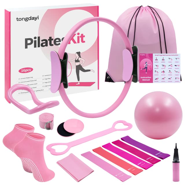 16Pcs Home Pilates Equipment for Women, Pilates Kit with 14'' Pilates Rings, Yoga Ball, Sliding Disks, Pilates Bands & Accessories - Workout Equipment Home Gym Includes Complete Fitness Poster