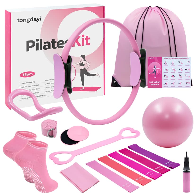 16Pcs Home Pilates Equipment for Women, Pilates Kit with 14'' Pilates Rings, Yoga Ball, Sliding Disks, Pilates Bands & Accessories - Workout Equipment Home Gym Includes Complete Fitness Poster