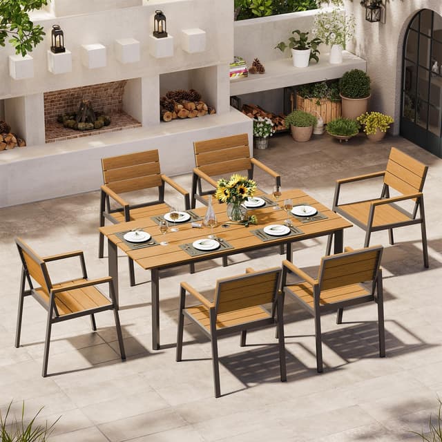 Oasbira Outdoor Dining Set for 6, Aluminum Patio Table and Chairs Set with Umbrella Hole, 7 Pieces HDPS Outdoor Furniture Sets for Patio, Garden (Gray & Teak)