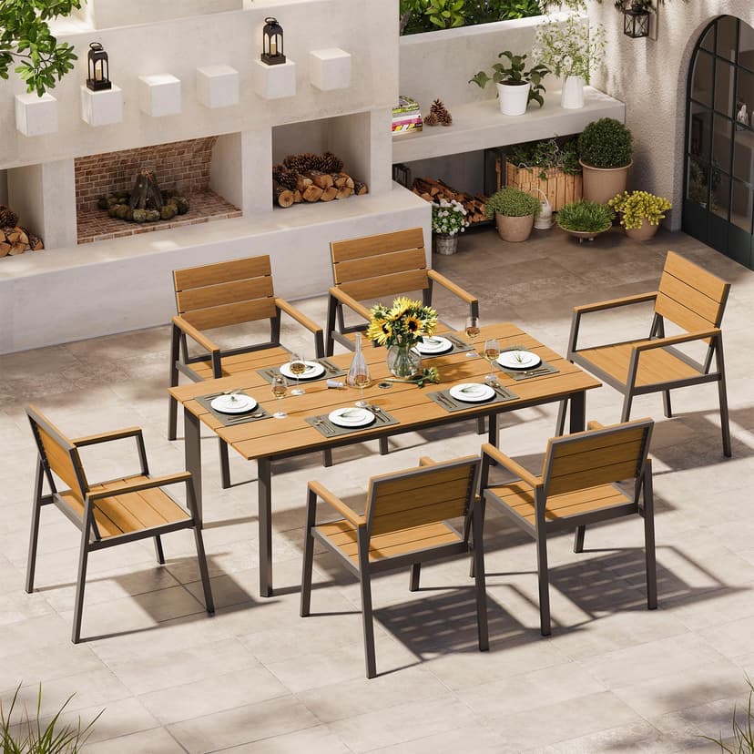 Oasbira Outdoor Dining Set for 6, Aluminum Patio Table and Chairs Set with Umbrella Hole, 7 Pieces HDPS Outdoor Furniture Sets for Patio, Garden (Gray & Teak)