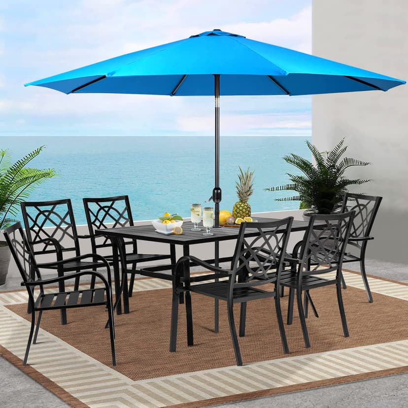 Crownland 7 Piece Outdoor Patio Metal Dining Sets, 6 Stackable Metal Chairs and Rectangular Outdoor Dining Table with with Sky Blue 9FT Round Outdoor Umbrella, for Backyard, Garden (Classic Black)