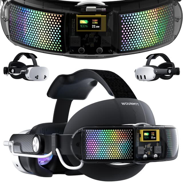 WOUNMTT Head Strap with 10000mAh Battery for Meta Quest 3/3S – Transparent RGB Lighting, Smart Power Display & Carbon Fiber Finish, Adjustable VR Headset Strap for Enhanced Comfort and Balance