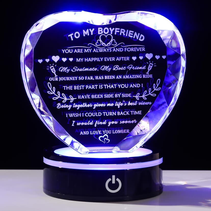 YWHL Gifts for Boyfriend with Colorful LED Base Unique Birthday Gift Ideas from Girlfriend Romantic Heart Crystal Keepsakes to My Anniversary Christmas Valentine Day Clear 4.33*3.74*.1.18