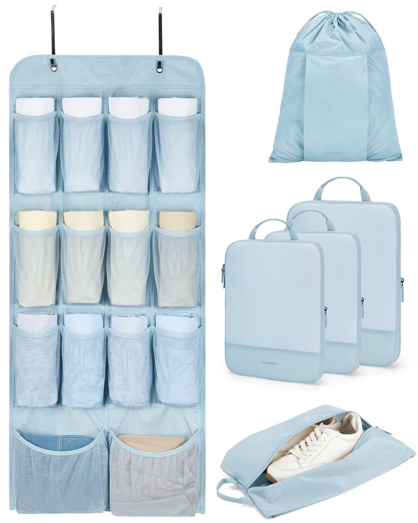 BAGSMART Hanging Compression Packing Cubes for Closet Organizers And Storage, 6 Set Suitcase Organizer Bags Set, Cruise Travel Essentials for Women, Light Blue