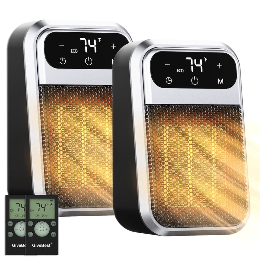 GiveBest 800W Wall Outlet Space Heater with Remote,LED Display Small Plug in Electric Heater with Adjustable Thermostat and Timer for rv and Home Office Bathroom Indoor Use,ETL Listed, 2 Pack, Black