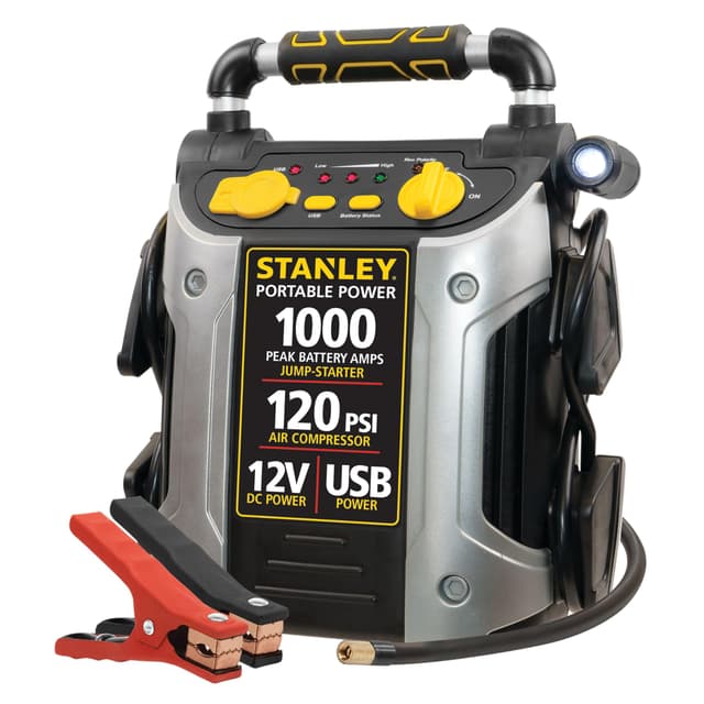 STANLEY J5C09 1000 Peak Amp Automotive Jump Starter, Portable Power – 2.1A/10W USB Port, 12V Outlet, 120 PSI Air Compressor for Tires, Bikes & Sports Equipment