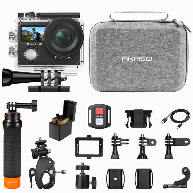 AKASO Brave 4 Action Camera with Waterproof Floating Hand Grip and Carry Bag Bundle - 4K30 20MP Ultra Hd EIS 131ft Underwater Camera 5xZoom Dual Screen with Helmet and Bicycle Accessories Kit